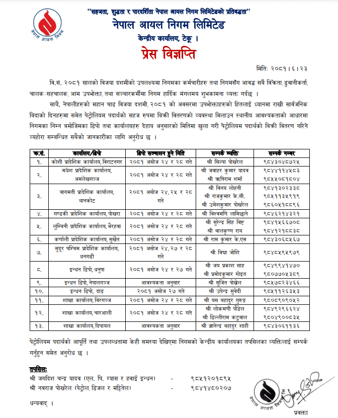 | टीकाको दिन बाहेक दशैंमा पनि आयल निगमको डिपो खुला, यस्तो छ समय तालिका | BAJARKO CHIRFAR https://bajarkochirfar.com/%e0%a4%9f%e0%a5%80%e0%a4%95%e0%a4%be%e0%a4%95%e0%a5%8b-%e0%a4%a6%e0%a4%bf%e0%a4%a8-%e0%a4%ac%e0%a4%be%e0%a4%b9%e0%a5%87%e0%a4%95-%e0%a4%a6%e0%a4%b6%e0%a5%88%e0%a4%82%e0%a4%ae%e0%a4%be-%e0%a4%aa https://bajarkochirfar.com/%e0%a4%9f%e0%a5%80%e0%a4%95%e0%a4%be%e0%a4%95%e0%a5%8b-%e0%a4%a6%e0%a4%bf%e0%a4%a8-%e0%a4%ac%e0%a4%be%e0%a4%b9%e0%a5%87%e0%a4%95-%e0%a4%a6%e0%a4%b6%e0%a5%88%e0%a4%82%e0%a4%ae%e0%a4%be-%e0%a4%aa | %tags