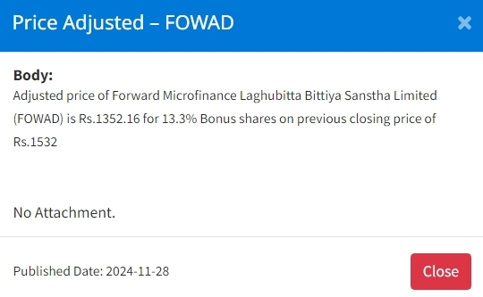 Screenshot 29 11 2024 153745 www.nepalstock.com .np https://bajarkochirfar.com/adjustment-of-the-share-price-of-two-microfinance-companies | %tags