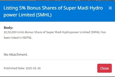 Screenshot 16 1 2025 15509 nepalstock.com | नेप्सेमा एक हाइड्रोपावर कम्पनीको साढे १० लाख कित्ता बोनस सेयर सूचीकृत | BAJARKO CHIRFAR https://bajarkochirfar.com/10-5-lakh-bonus-shares-of-a-hydropower-company-listed-on-nepse Screenshot 16 1 2025 15509 nepalstock.com https://bajarkochirfar.com/10-5-lakh-bonus-shares-of-a-hydropower-company-listed-on-nepse | %tags