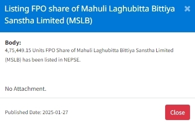 Screenshot 27 1 2025 161054 nepalstock.com https://bajarkochirfar.com/mahuli-laghubittas-fpo-listed-on-nepse-trading-can-begin-from-tomorrow | %tags