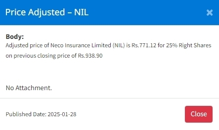 Screenshot 28 1 2025 16397 nepalstock.com https://bajarkochirfar.com/price-adjustment-in-neco-insurance-shares | %tags