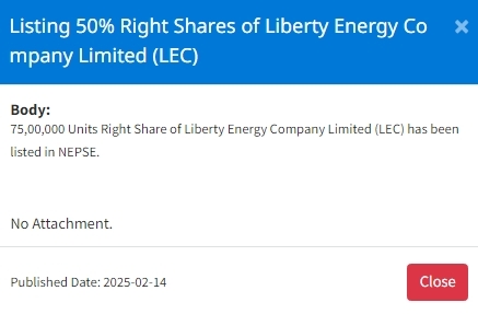 Screenshot 14 2 2025 13923 nepalstock.com https://bajarkochirfar.com/liberty-energys-7-5-million-shares-of-rights-issue-listed-on-nepse-when-can-they-be-traded | %tags