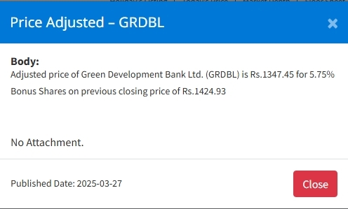 Screenshot 27 3 2025 155729 www.nepalstock.com https://bajarkochirfar.com/price-adjustment-in-green-development-banks-bonus-shares-at-what-price-will-trading-open-now | %tags