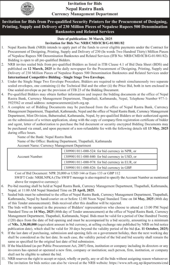 Screenshot 30 3 2025 14324 www.nrb .org .np 1 | पाँच सय रुपैयाँको २३ करोड थान नयाँ नोट छाप्दै राष्ट्र बैंक, गर्यो बोलपत्र आह्वान | BAJARKO CHIRFAR https://bajarkochirfar.com/nepal-rastra-bank-is-printing-230-million-new-500-rupee-notes-inviting-bids Screenshot 30 3 2025 14324 www.nrb .org .np 1 https://bajarkochirfar.com/nepal-rastra-bank-is-printing-230-million-new-500-rupee-notes-inviting-bids | %tags