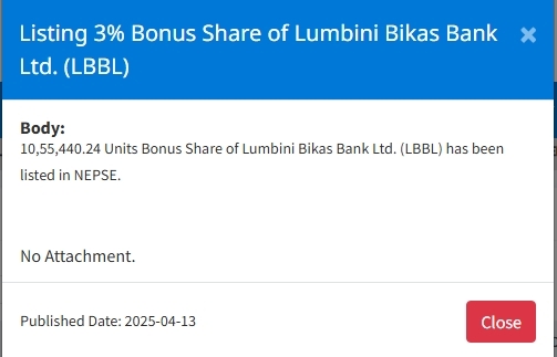Screenshot 13 4 2025 15852 www.nepalstock.com | एक विकास बैंकको बोनस सेयर नेप्सेमा सूचीकृत, कहिलेबाट कारोबार गर्न मिल्ने ? | BAJARKO CHIRFAR https://bajarkochirfar.com/bonus-shares-of-a-development-bank-listed-on-nepse-when-can-they-be-traded Screenshot 13 4 2025 15852 www.nepalstock.com https://bajarkochirfar.com/bonus-shares-of-a-development-bank-listed-on-nepse-when-can-they-be-traded | %tags