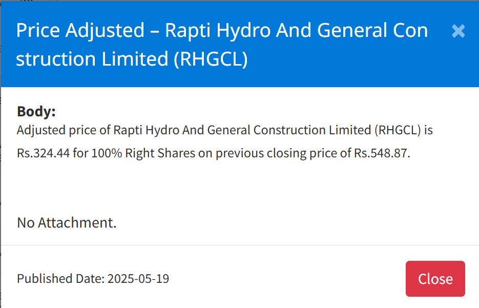 Screenshot 2025 05 19 155347 | राप्ती हाइड्रोको हकप्रद सेयरमा मूल्य समायोजन, अब कतिमा खुल्छ कारोबार ? | BAJARKO CHIRFAR https://bajarkochirfar.com/price-adjustment-in-rapti-hydros-right-shares-at-what-price-will-trading-open-now Screenshot 2025 05 19 155347 https://bajarkochirfar.com/price-adjustment-in-rapti-hydros-right-shares-at-what-price-will-trading-open-now | %tags