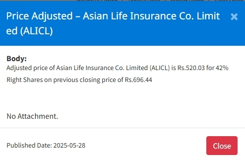 Screenshot 28 5 2025 163341 www.nepalstock.com https://bajarkochirfar.com/price-adjustment-in-shares-of-two-insurance-companies-at-what-price-will-trading-open-now | %tags