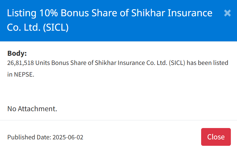 Screenshot 2025 06 02 162405 | नेप्सेमा शिखर इन्स्योरेन्सको २६ लाख ८१ हजार कित्ता बोनस सेयर सूचीकृत, कहिलेबाट कारोबार गर्न मिल्ने ? | BAJARKO CHIRFAR https://bajarkochirfar.com/shikhar-insurances-2-681-million-bonus-shares-listed-on-nepse-when-can-they-be-traded Screenshot 2025 06 02 162405 https://bajarkochirfar.com/shikhar-insurances-2-681-million-bonus-shares-listed-on-nepse-when-can-they-be-traded | %tags