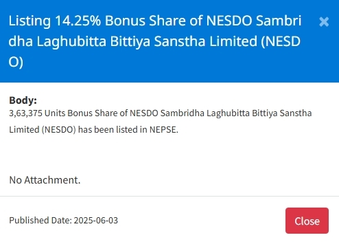 Screenshot 3 6 2025 152036 www.nepalstock.com | नेप्सेमा एक लघुवित्तको १४.२५ प्रतिशत बोनस सेयर सूचीकृत, कहिलेबाट कारोबार गर्न मिल्ने ? | BAJARKO CHIRFAR https://bajarkochirfar.com/a-14-25-percent-bonus-share-of-a-microfinance-company-has-been-listed-on-the-nepse-when-can-it-be-traded Screenshot 3 6 2025 152036 www.nepalstock.com https://bajarkochirfar.com/a-14-25-percent-bonus-share-of-a-microfinance-company-has-been-listed-on-the-nepse-when-can-it-be-traded | %tags