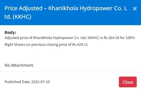 Screenshot 10 7 2025 161143 www.nepalstock.com https://bajarkochirfar.com/price-adjustment-in-khanikhola-hydropowers-right-shares-how-much-will-the-business-open-now | %tags