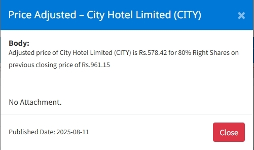 Screenshot 11 8 2025 162850 www.nepalstock.com | सिटि होटलको हकप्रद सेयरमा मूल्य समायोजन, अब कतिमा खुल्छ कारोबार ? | BAJARKO CHIRFAR https://bajarkochirfar.com/price-adjustment-in-city-hotel-limiteds-right-shares-at-what-price-will-trading-now-open Screenshot 11 8 2025 162850 www.nepalstock.com https://bajarkochirfar.com/price-adjustment-in-city-hotel-limiteds-right-shares-at-what-price-will-trading-now-open | %tags