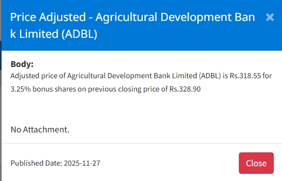 Screenshot 27 11 2025 155629 www.nepalstock.com | ५ कम्पनीको बोनस सेयरमा मूल्य समायोजन, अब कतिमा खुल्छ कारोबार ? | BAJARKO CHIRFAR https://bajarkochirfar.com/price-adjustment-in-bonus-shares-of-5-companies-at-what-price-will-trading-open-now Screenshot 27 11 2025 155629 www.nepalstock.com https://bajarkochirfar.com/price-adjustment-in-bonus-shares-of-5-companies-at-what-price-will-trading-open-now | %tags