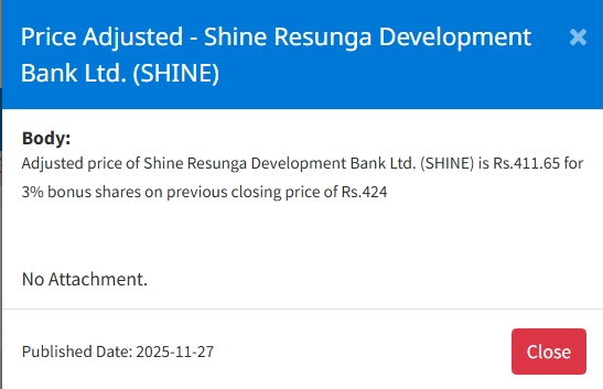 Screenshot 27 11 2025 155716 www.nepalstock.com | ५ कम्पनीको बोनस सेयरमा मूल्य समायोजन, अब कतिमा खुल्छ कारोबार ? | BAJARKO CHIRFAR https://bajarkochirfar.com/price-adjustment-in-bonus-shares-of-5-companies-at-what-price-will-trading-open-now Screenshot 27 11 2025 155716 www.nepalstock.com https://bajarkochirfar.com/price-adjustment-in-bonus-shares-of-5-companies-at-what-price-will-trading-open-now | %tags