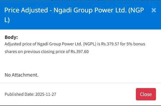 Screenshot 27 11 2025 15577 www.nepalstock.com | ५ कम्पनीको बोनस सेयरमा मूल्य समायोजन, अब कतिमा खुल्छ कारोबार ? | BAJARKO CHIRFAR https://bajarkochirfar.com/price-adjustment-in-bonus-shares-of-5-companies-at-what-price-will-trading-open-now Screenshot 27 11 2025 15577 www.nepalstock.com https://bajarkochirfar.com/price-adjustment-in-bonus-shares-of-5-companies-at-what-price-will-trading-open-now | %tags