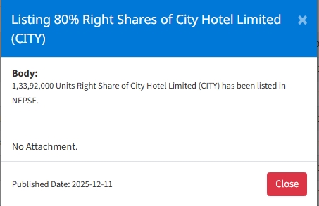 Screenshot 11 12 2025 153032 www.nepalstock.com https://bajarkochirfar.com/more-than-13-3-million-rights-shares-of-city-hotel-listed-when-can-they-be-traded | %tags