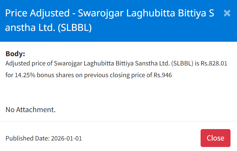 Screenshot 2026 01 01 161125 | नेप्सेमा ९ कम्पनीको बोनस सेयरमा मूल्य समायोजन, अब कतिमा खुल्छ कारोबार ? | BAJARKO CHIRFAR https://bajarkochirfar.com/price-adjustment-in-bonus-shares-of-9-companies-on-nepse-at-what-price-will-trading-now-open Screenshot 2026 01 01 161125 https://bajarkochirfar.com/price-adjustment-in-bonus-shares-of-9-companies-on-nepse-at-what-price-will-trading-now-open | %tags