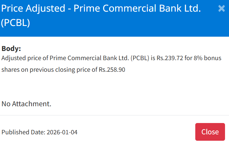 Screenshot 2026 01 04 160654 | नेप्सेमा ५ कम्पनीको बोनस सेयरमा मूल्य समायोजन, अब कतिमा खुल्छ कारोबार ? | BAJARKO CHIRFAR https://bajarkochirfar.com/price-adjustment-in-bonus-shares-of-5-companies-on-nepse-at-what-price-will-trading-now-open Screenshot 2026 01 04 160654 https://bajarkochirfar.com/price-adjustment-in-bonus-shares-of-5-companies-on-nepse-at-what-price-will-trading-now-open | %tags