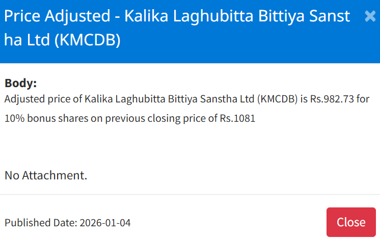 Screenshot 2026 01 04 160920 | नेप्सेमा ५ कम्पनीको बोनस सेयरमा मूल्य समायोजन, अब कतिमा खुल्छ कारोबार ? | BAJARKO CHIRFAR https://bajarkochirfar.com/price-adjustment-in-bonus-shares-of-5-companies-on-nepse-at-what-price-will-trading-now-open Screenshot 2026 01 04 160920 https://bajarkochirfar.com/price-adjustment-in-bonus-shares-of-5-companies-on-nepse-at-what-price-will-trading-now-open | %tags