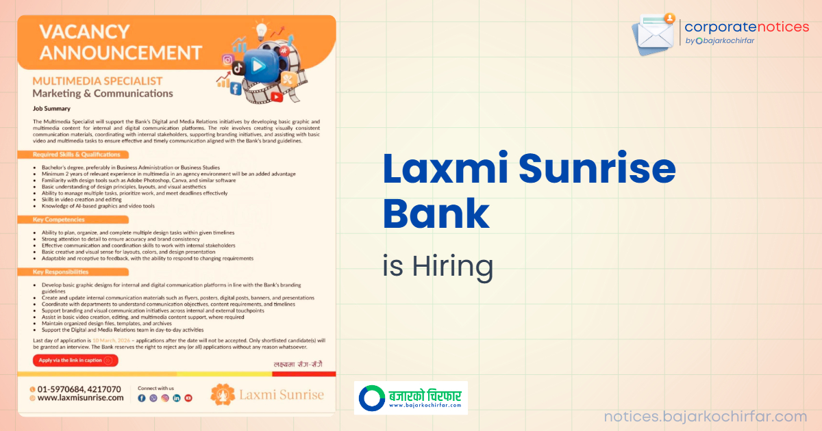 https://bajarkochirfar.com/private-job/laxmi-sunrise-bank-career-opportunity-multimedia-specialist/ | %tags