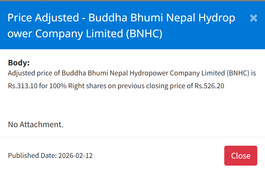 Screenshot 2026 02 13 071530 | बुद्धभूमि नेपाल हाइड्रोपावरको हकप्रद सेयरमा मूल्य समायोजन, अब कतिमा खुल्छ कारोबार ? | BAJARKO CHIRFAR https://bajarkochirfar.com/price-adjustment-in-buddhabhumi-nepal-hydropowers-right-shares-at-what-price-will-trading-now-open Screenshot 2026 02 13 071530 https://bajarkochirfar.com/price-adjustment-in-buddhabhumi-nepal-hydropowers-right-shares-at-what-price-will-trading-now-open | %tags