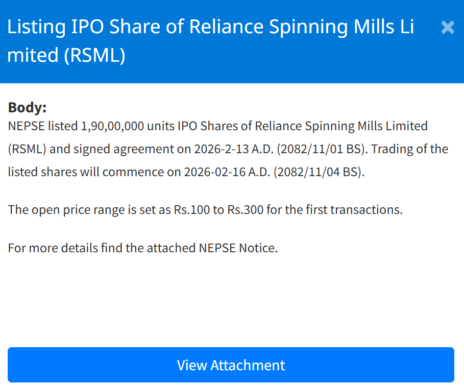 Screenshot 2026 02 13 151937 https://bajarkochirfar.com/reliance-spinning-mills-ipo-listed-on-nepse-first-trade-to-be-between-100-and-300 | %tags