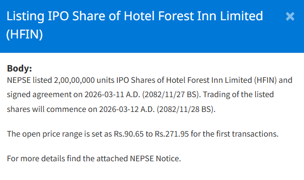 Screenshot 2026 03 11 152557 https://bajarkochirfar.com/hotel-forest-inns-ipo-listed-on-nepse-what-is-the-opening-range | %tags