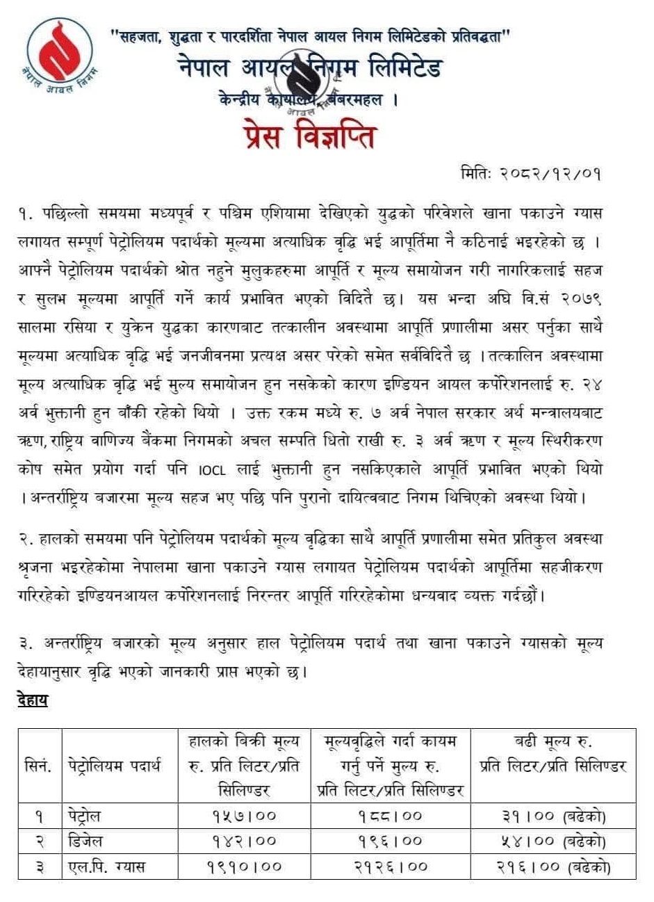 noc notice1 | पेट्रोल र डिजेलको मूल्यमा उछाल, प्रतिलिटर कति पुग्यो ? | BAJARKO CHIRFAR https://bajarkochirfar.com/petrol-and-diesel-prices-have-risen-how-much-has-it-reached-per-liter noc notice1 https://bajarkochirfar.com/petrol-and-diesel-prices-have-risen-how-much-has-it-reached-per-liter | %tags