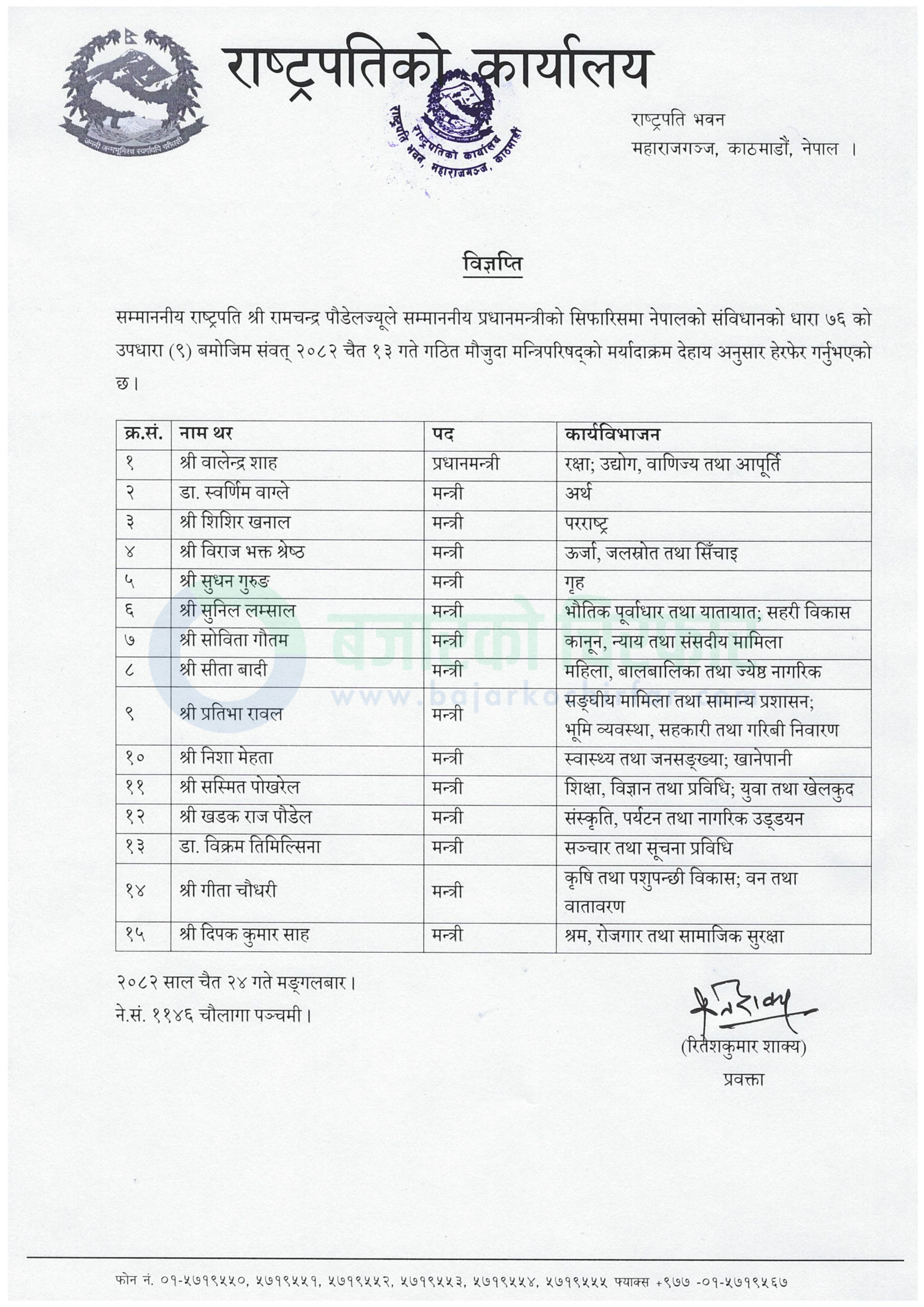 cabinet portfolios reshuffled notice 1775545567945 | मन्त्रिपरिषद्को मर्यादाक्रममा हेरफेर, पाँचौँ स्थानमा झरे गृहमन्त्री गुरुङ | BAJARKO CHIRFAR https://bajarkochirfar.com/changes-in-the-hierarchy-of-the-council-of-ministers-home-minister-gurung-drops-to-fifth-place cabinet portfolios reshuffled notice 1775545567945 https://bajarkochirfar.com/changes-in-the-hierarchy-of-the-council-of-ministers-home-minister-gurung-drops-to-fifth-place | %tags