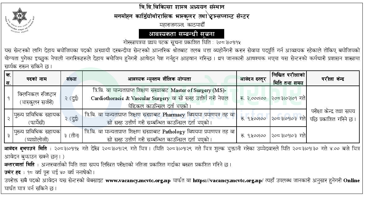 manmohan cardiothoracic vascular and transplant center | मनमोहन कार्डियोथोरासिक भास्कुलर तथा ट्रान्सप्लान्ट सेन्टरमा कर्मचारी आवश्यकता | BAJARKO CHIRFAR https://bajarkochirfar.com/government-job/manmohan-cardiothoracic-vascular-and-transplant-center-announces-vacancies-for-medical-and-technical-positions/ manmohan cardiothoracic vascular and transplant center https://bajarkochirfar.com/government-job/manmohan-cardiothoracic-vascular-and-transplant-center-announces-vacancies-for-medical-and-technical-positions/ | %tags