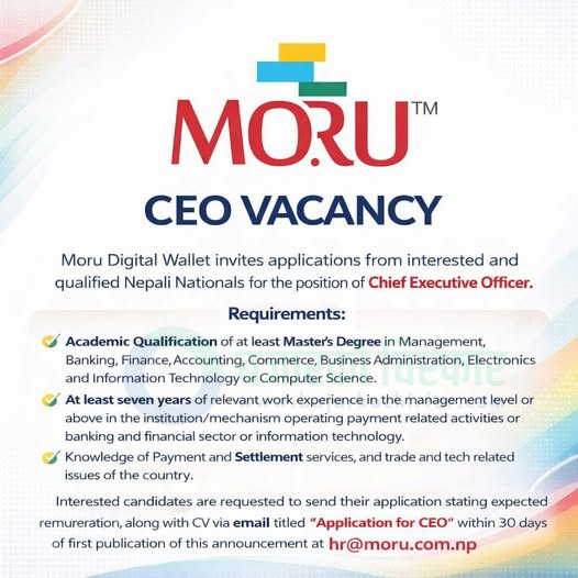 moru digital wallet | मोरु डिजिटल वालेटले माग्यो सीईओ, कति चाहिन्छ योग्यता ? | BAJARKO CHIRFAR https://bajarkochirfar.com/private-job/moru-digital-wallet-seeks-ceo-what-qualifications-are-required/ moru digital wallet https://bajarkochirfar.com/private-job/moru-digital-wallet-seeks-ceo-what-qualifications-are-required/ | %tags