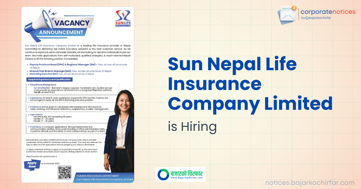 sun nepal life insurance company limited feature https://bajarkochirfar.com/private-job/sun-nepal-life-insurance-announces-vacancies-for-multiple-positions-across-nepal/ | %tags