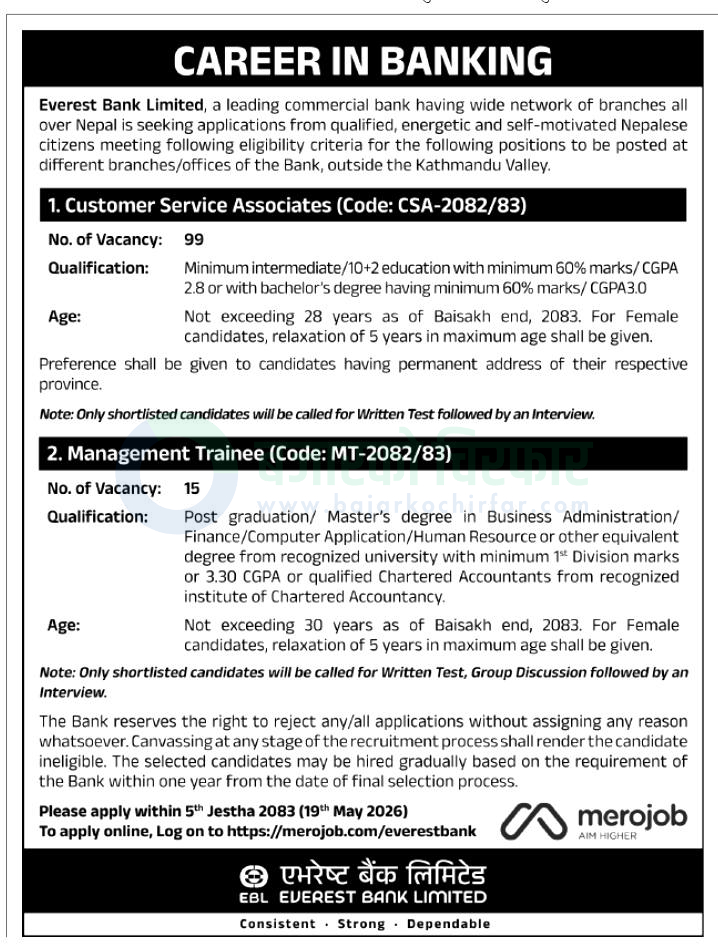 everest bank limited https://bajarkochirfar.com/private-job/everest-bank-seeks-114-employees-2-pass-holders-can-also-apply/ | %tags