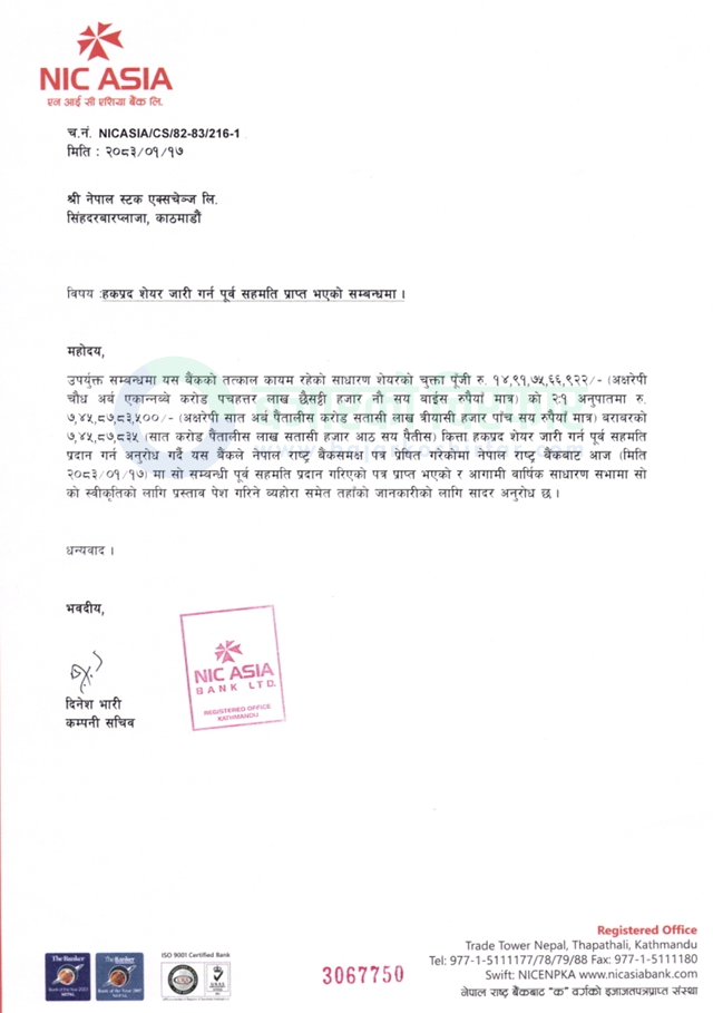 nic asia right shares notice 1777874226762 https://bajarkochirfar.com/nic-asia-bank-to-issue-rights-shares-receives-prior-approval-from-nepal-rastra-bank | %tags