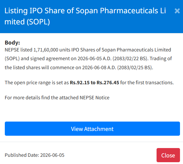 Screenshot 2026 06 05 113205 | सोपान फर्मास्युटिकल्सको आईपीओ नेप्सेमा सूचीकृत, कति तोकियो ओपनिङ रेञ्ज ? | BAJARKO CHIRFAR https://bajarkochirfar.com/sopan-pharmaceuticals-ipo-listed-on-nepse-what-is-the-opening-range Screenshot 2026 06 05 113205 https://bajarkochirfar.com/sopan-pharmaceuticals-ipo-listed-on-nepse-what-is-the-opening-range | %tags