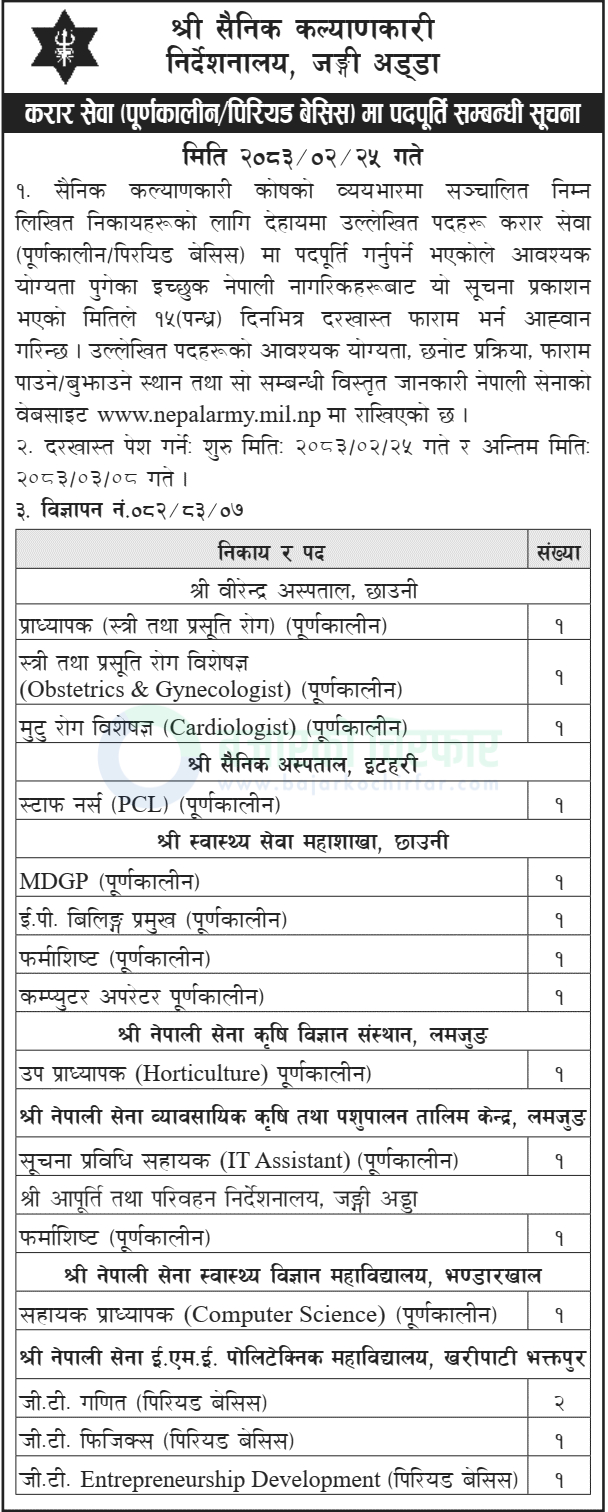 sainik kalyanrakari nirdeshanalaya nepal army https://bajarkochirfar.com/private-job/nepal-army-announces-vacancy-for-various-medical-and-academic-positions-on-contract-basis/ | %tags