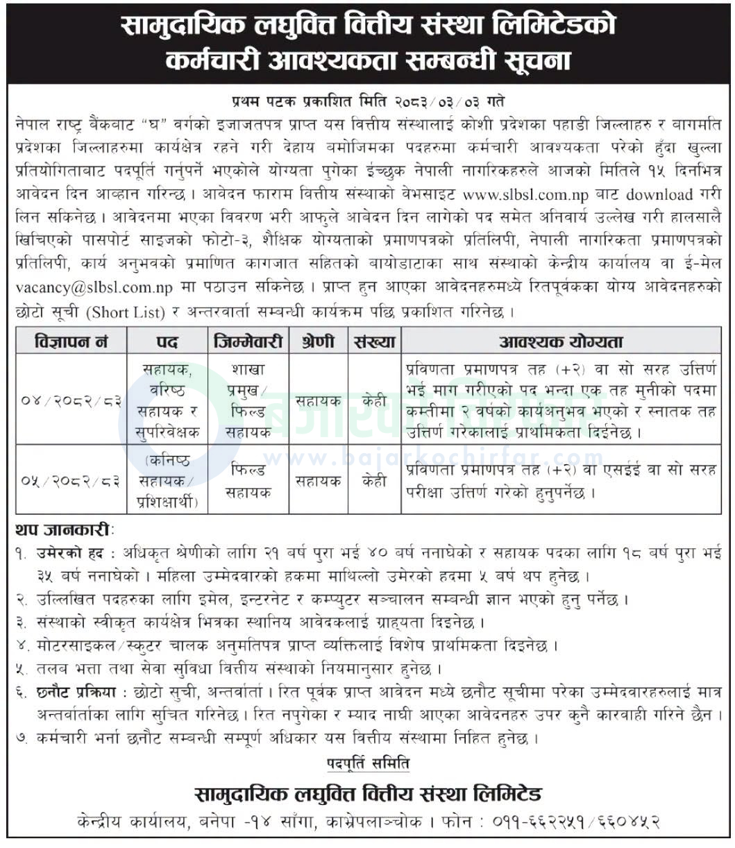 samudayik laghubitta bittiya sanstha limited https://bajarkochirfar.com/private-job/jobs-opened-in-community-samudayik-for-2-passers/ | %tags