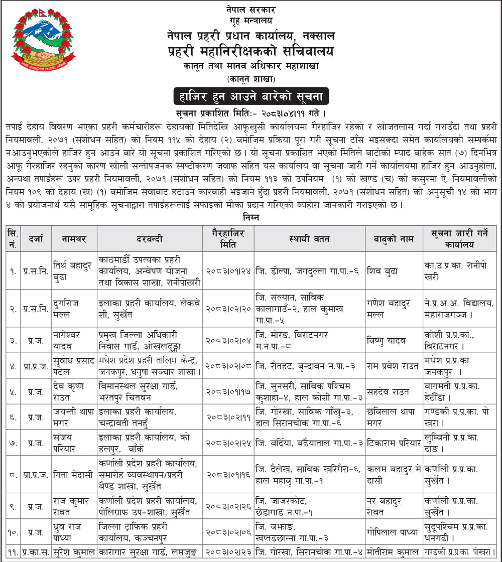 Police notice https://bajarkochirfar.com/11-police-personnel-have-been-out-of-contact-for-a-long-time-police-headquarters-has-instructed-them-to-report-within-7-days | %tags