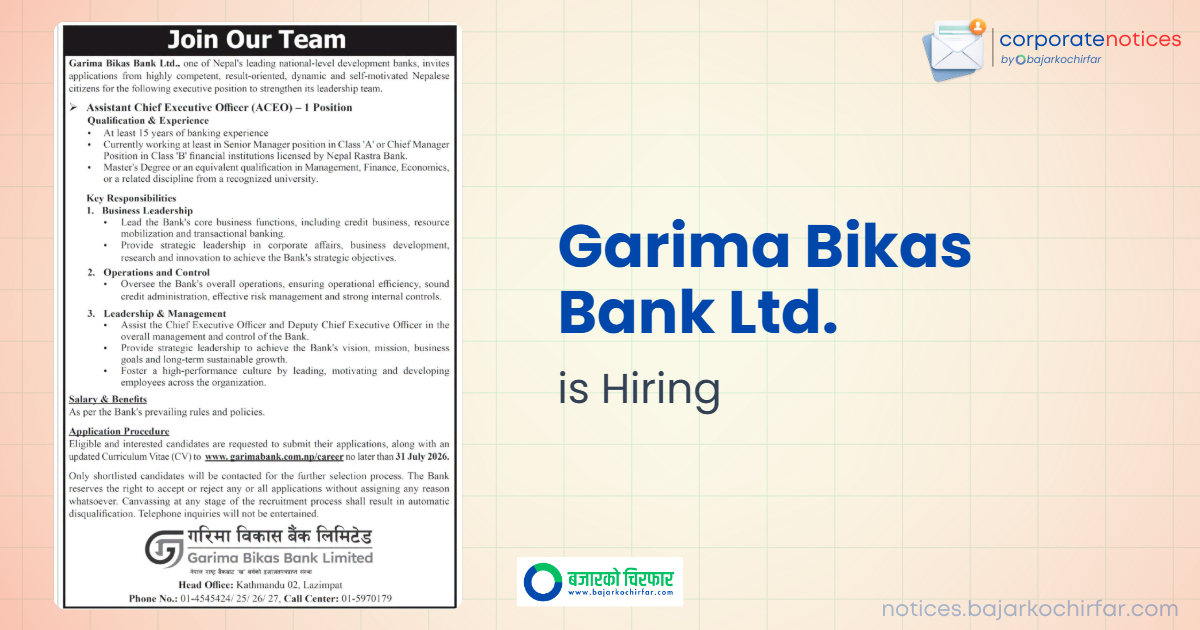 feature 1784270679226 https://bajarkochirfar.com/private-job/garima-bikas-bank-ltd-invites-applications-for-assistant-chief-executive-officer-aceo/ | %tags