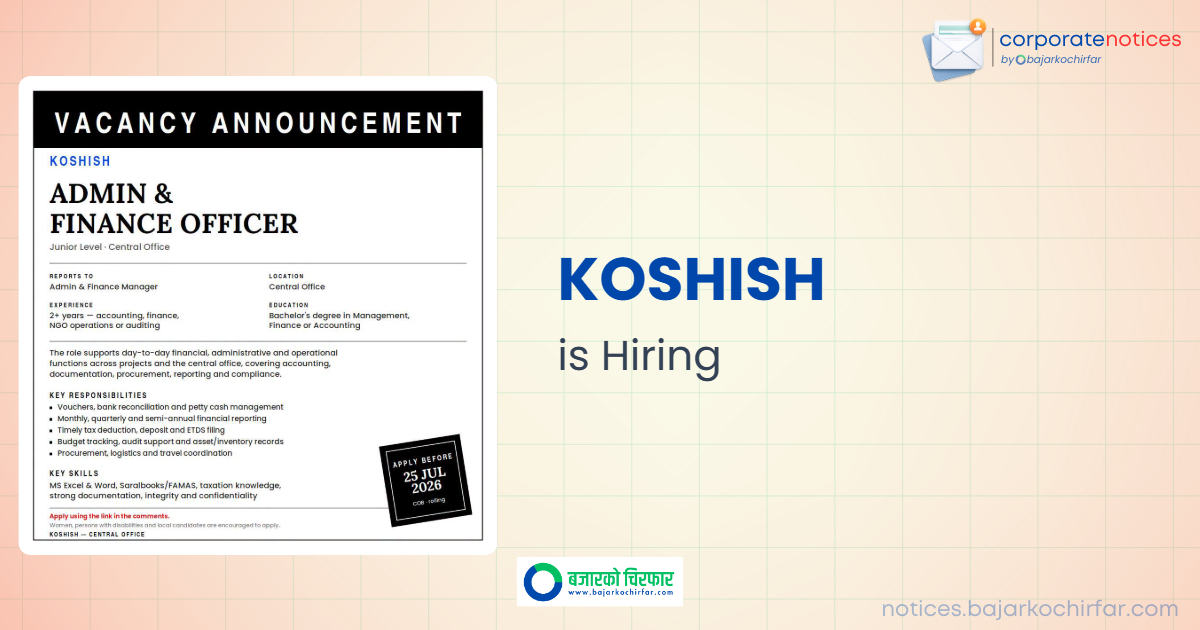 feature 1784445645137 https://bajarkochirfar.com/private-job/koshish-announces-vacancy-for-admin-finance-officer-2/ | %tags