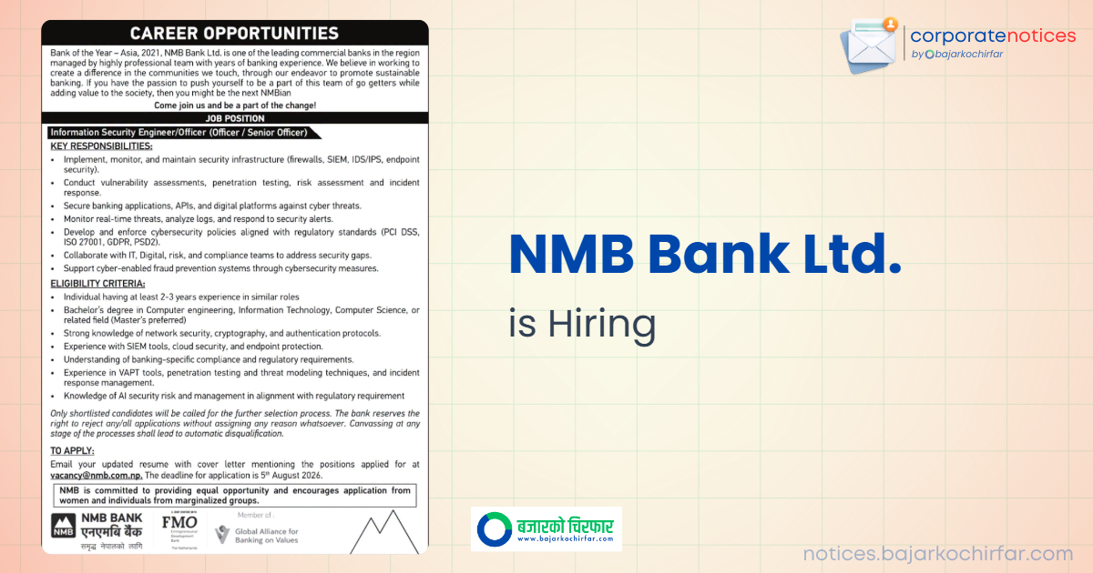 feature 1784685170712 https://bajarkochirfar.com/private-job/nmb-bank-is-recruiting-for-the-position-of-information-security-engineer-officer/ | %tags