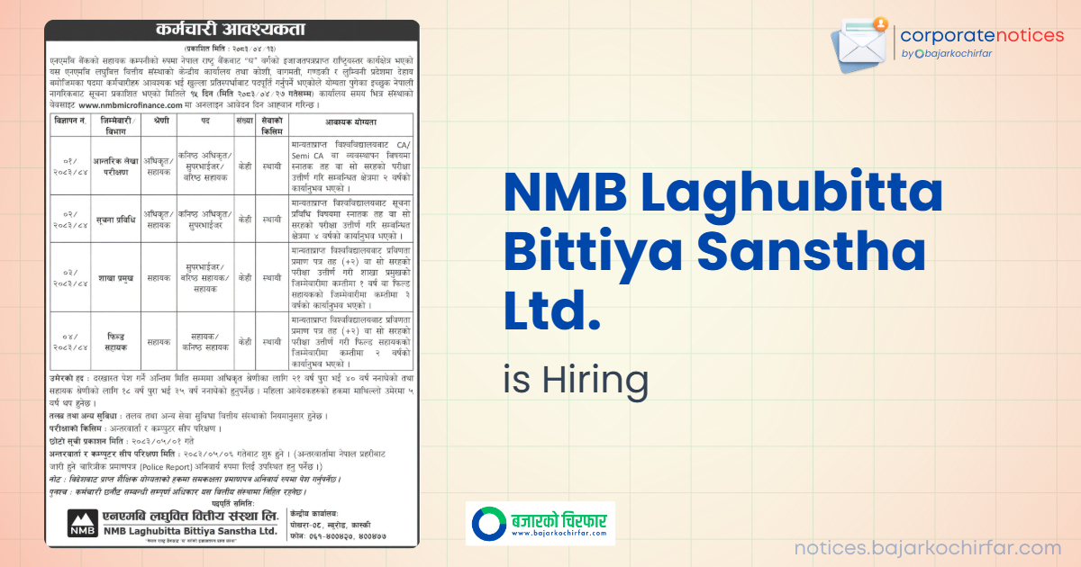 feature 1785308606887 https://bajarkochirfar.com/private-job/nmb-laghubitta-seeks-employees-for-various-positions-plus-two-pass-candidates-are-eligible-to-apply/ | %tags