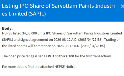 Screenshot 12 8 2026 131151 www.nepalstock.com https://bajarkochirfar.com/a-companys-ipo-was-listed-on-the-nepse-on-wednesday-what-was-the-opening-range-set | %tags
