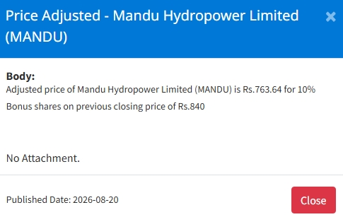 Screenshot 20 8 2026 16125 www.nepalstock.com https://bajarkochirfar.com/price-adjustment-in-mandu-hydropowers-bonus-shares-at-what-price-will-trading-open-now | %tags