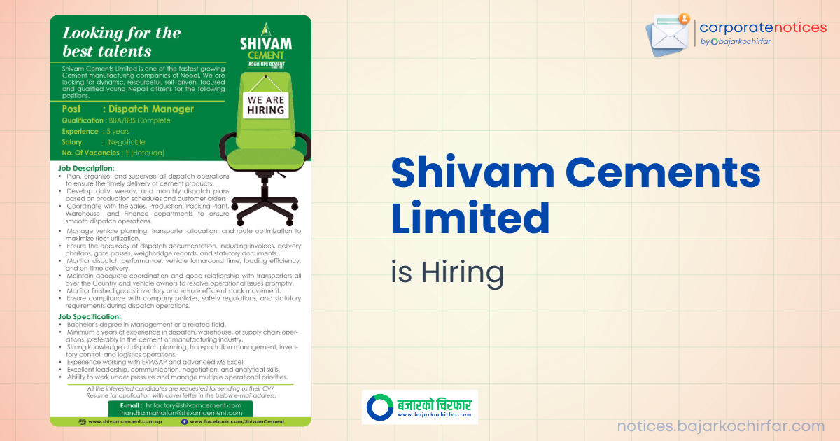 feature 1785745537762 https://bajarkochirfar.com/government-job/shivam-cements-limited-announces-vacancy-for-dispatch-manager-position/ | %tags