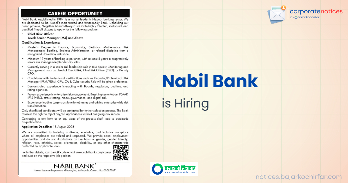 feature 1785826804128 https://bajarkochirfar.com/government-job/nabil-bank-announces-vacancy-for-chief-risk-officer/ | %tags