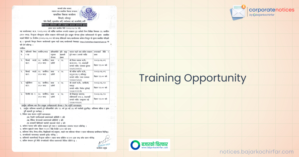 feature 1786689916291 https://bajarkochirfar.com/government-scheme/social-development-office-lalitpur-announces-free-skill-based-training-opportunities/ | %tags