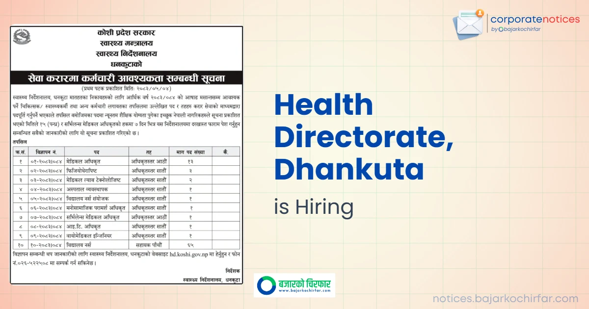 feature 1787225562279 https://bajarkochirfar.com/government-job/health-directorate-dhankuta-announces-vacancy-for-89-positions-including-medical-officers-and-school-nurses-2/ | %tags