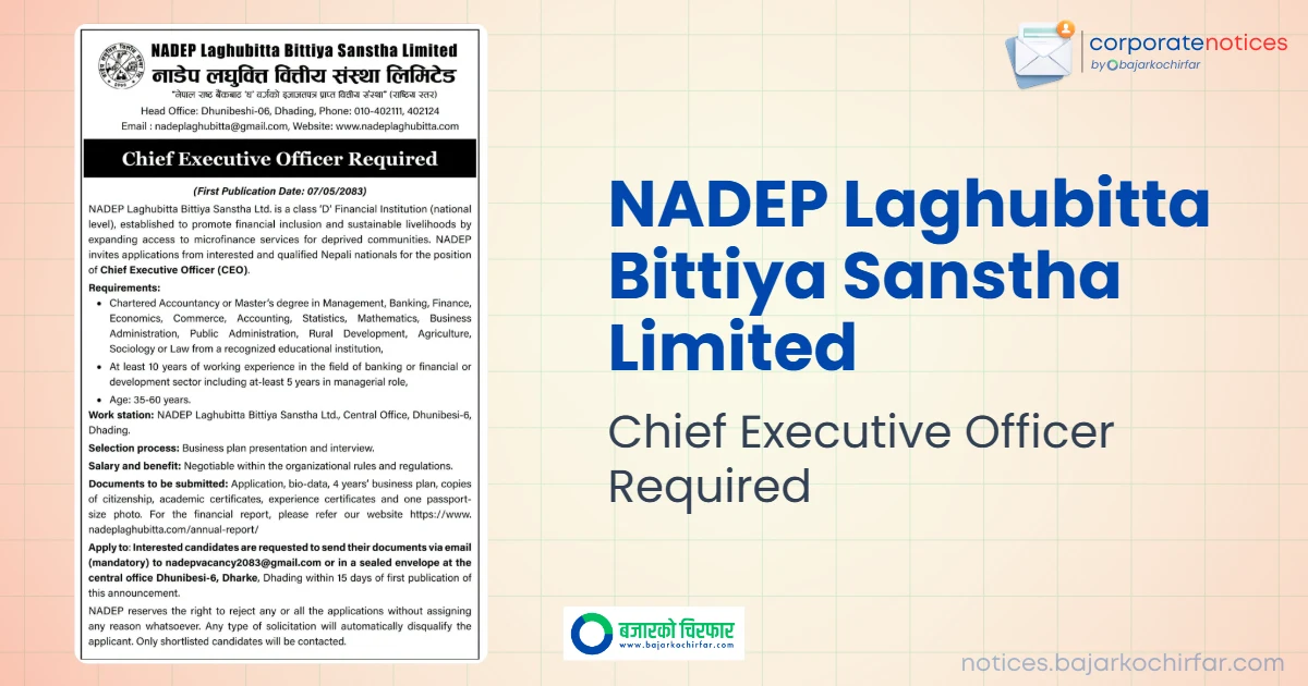 feature 1788055141303 https://bajarkochirfar.com/private-job/nadep-laghubitta-bittiya-sanstha-limited-announces-vacancy-for-chief-executive-officer-ceo/ | %tags