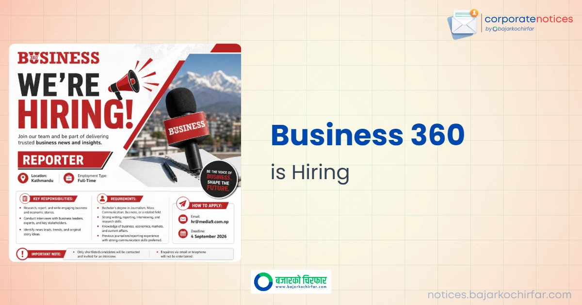 feature 1788088579801 https://bajarkochirfar.com/private-job/business-360-announces-vacancy-for-full-time-reporter-in-kathmandu/ | %tags