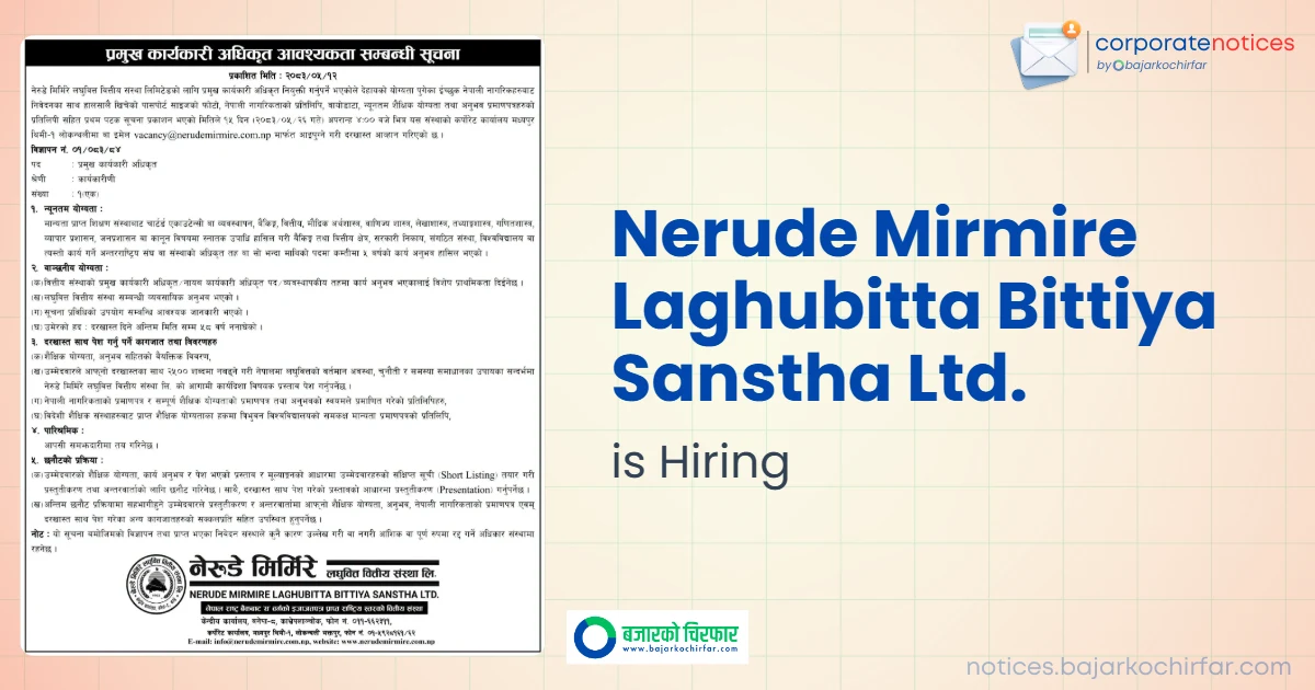 feature 1788157483651 https://bajarkochirfar.com/private-job/nerude-mirmire-laghubitta-bittiya-sanstha-ltd-invites-applications-for-the-post-of-chief-executive-officer/ | %tags